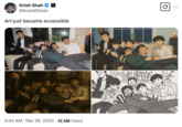 Twitter / X[1] user @KrishRShah posted a series of images showing a group photo of him and his friends altered using Chat GPT-4o's Image Generation software. The image was recreated in the trending "Studio Ghibli style":https://knowyourmeme.com/memes/studio-ghibli-ai-generator, as an oil painting, and as an anime-style line drawing. The tweet gathered backlash from artists who did not consider his AI-generated images to be "art."