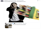 Several internet users had negative reactions to @KrishRShah posting a series of images created using Chat GPT-4o's image generation software alongside the caption, "Art just became accessible." On March 27th, 2025, X / Twitter user @sarcasticalself quoted the aforementioned post and shared an "Eminem Throwing Things":https://knowyourmeme.com/memes/eminem-throwing-things meme showing the rapper throwing a box of color pencils.