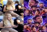 A photograph of a blonde girl sitting on a bus or train, looking up at a person taking a photo of her with an unamused expression. Next to her are two images of the Avengers. In the top image the Avengers are looking towards her and in the second they're looking away (except for Thor), the joke being that they got caught staring and averted their gaze.