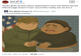 A "quote tweet":https://knowyourmeme.com/memes/quote-retweets-qrts from a Twitter user upset by the White House's "Studio Ghibli AI":https://knowyourmeme.com/memes/studio-ghibli-ai-generator image of a woman crying while being deported by ICE.