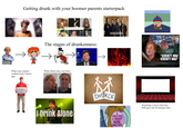 Getting drunk with your boomer parents starterpack What was a home- cooked meal 2 hours ago: alamy BEST COUNTRY ARTISTS The stages of drunkenness: T When Mom tries your beer: ↑ SHINEDOWN I Drink Alone 才 DIVORCE ERLY I REALLY WISH I WEREN'T HERE RIGHT NOW! "SERENITY NOW! SERENITY NOW!" Watching a movie that they both pass out 20 minutes into