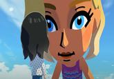 A screenshot from "Tomodachi Life: Living the Dream" that is used as a redraw meme. The scene shows a giant woman talking to a regular sized woman.