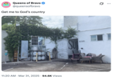 A "tweet":https://knowyourmeme.com/memes/sites/twitter-x from Queens of Bravo using Morgan Wallen's "Get Me To God's Country" as the caption.