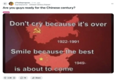 February 3rd, 2025 post on /r/TheDeprogram Discussions about the "Chinese Century" began to gain traction amidst news of President Donald Trump enforcing heavy tariffs on global imports in 2025.