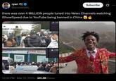 ryan @scubaryan_ Subscribe there was over 4 MILLION people tuned into News Channels watching iShowSpeed due to YouTube being banned in China 正在前往下一个点位- 共建美丽中国 301 1.692 2.594 四川跨荷道行天下 12:28 PM Mar 31, 2025 341.8K Views