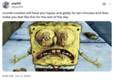 The SpongeBob "gross-up" featured in a tweet by @pepDX that read, "crumbl cookies will have you happy and giddy for ten minutes and then make you feel like this for the rest of the day."