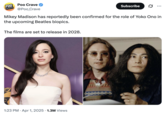 April 1st, 2025 tweet by @Poo_Crave Some internet users posting satirical casting announcements, as seen in this "Poo Crave" post that reads, "Mikey Madison has reportedly been confirmed for the role of Yoko Ono in the upcoming Beatles biopics."
