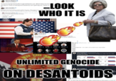 A right-wing version of the "Unlimited Genocide" meme that shows Trump Chief of Staff Susie Wiles throwing firebombs at Ron DeSantis.