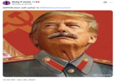 In late November 2022, X user @ricky_p_jones posted an image of Donald Trump edited to resemble Joseph Stalin alongside text that described him as "JDPON Don." The term JDPON refers to the "Joint Dictatorship of the Proletariat of Oppressed Nations," with internet users joking that Trump was secretly a Maoist after his tariff policies inadvertently benefited China. 