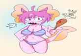 Fan art of VitzyPie. In the art, she wears a bikini and holds a corndog.
