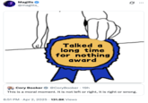 A "quote tweet":https://knowyourmeme.com/memes/quote-retweets-qrts of Sen. "Cory Booker's":https://knowyourmeme.com/memes/people/cory-booker mocking his 25-hour speech using a "Soyjak Award":https://knowyourmeme.com/memes/posted-it-again-award-soyjak-award meme.