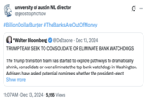 A tweet by @geostrophicflow that reads, "#BillionDollarBurger #TheBanksAreOutOfMoney" The hashtag jokingly encourages people to trigger a bank run, where people rush to withdraw their money from their banks, increasing the potential for bank failure and causing widespread economic turmoil. Jokes about how "The Banks Are Out Of Money" spread after Trump's reciprocal tariffs caused the global stock market to fall in early April 2025. 