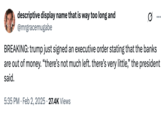 A tweet by @mrgracemugabe that reads, "BREAKING: trump just signed an executive order stating that the banks are out of money. “there’s not much left. there’s very little,” the president said." The post jokingly encourages people to trigger a bank run, where people rush to withdraw their money from their banks, increasing the potential for bank failure and causing widespread economic turmoil. Jokes about how "The Banks Are Out Of Money" spread after Trump's reciprocal tariffs caused the global stock market to fall in early April 2025. 