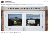 A tweet by @CoachLewGrizz that shows a fake bank entrance with a sign that reads, "Bank Closed, We Ran Out Of Money." The post jokingly encourages people to trigger a bank run, where people rush to withdraw their money from their banks, increasing the potential for bank failure and causing widespread economic turmoil. Jokes about how "The Banks Are Out Of Money" spread after Trump's reciprocal tariffs caused the global stock market to fall in early April 2025. 