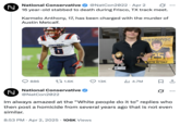 A "tweet":https://knowyourmeme.com/memes/sites/twitter-x from an X account called National Conservative in which they turn the murder of Austin Metcalf into a politicized race-based argument.