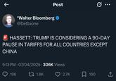 A tweet by @deitaone falsely reporting that David Hassett has confirmed that the White House is considering a 90-day "pause" on reciprocatory tariffs was credited as having contributed to the brief rise and rapid fall of the stock market on April 7th, 2025.