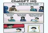 ChatGPT HQ How do we collect more data to train our model? Third-party Sources Social Media Monitoring Just start a stupid trend where people can look better than they are Employee of the month
