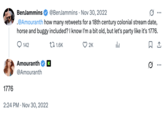 November 2022 post by @BenJammins In November 2022, streamer "BenJammins" asked Amouranth out on an "18th century colonial stream date, horse and buggy included."