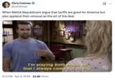 Donald Trump published his memoir and business advice book, the _Art of the Deal_, in November 1987. The book has often been referenced to joke about Trump's business prowess or lack thereof. On April 9th, X user @cafreiman shared a "I'm Playing Both Sides":https://knowyourmeme.com/memes/macs-im-playing-both-sides meme to joke about Trump supporters falling in line with his new strategy of applying pressure on China.