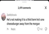 One cheeseburger away... Zaddylicouis 2,419 comments He's not making it to a third term he's one cheeseburger away from the morgue 7h Reply 162 ×