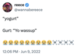 A "tweet":https://knowyourmeme.com/memes/sites/twitter-x in which someone says, "Yogurt" and a character named Gurt responds, "Yo wassup."
