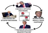 I MAKE A STUPID DECISION MADA T I REVERSE MY STUPID DECISION THIS WILL CREATE JOBS AMERICA SOMETHING ART OF THE DEAL REALLY BAD I CONVINCE MY FOLLOWERS THE PROBLEM IS NOW MAGICALLY SOLVED HAPPENS