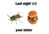 A version of the James Bond Burger meme. The meme reads "last night we wasp burger your sister."