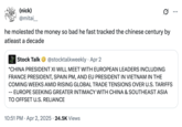 Use of a catchphrase originally coined by Twitter / X user @posting_forever in March 2025. The tweet reads, "he molested the money so bad he fast tracked the chinese century by atleast a decade," referencing memes about the "Chinese Century":https://knowyourmeme.com/memes/the-chinese-century.