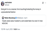 Use of a catchphrase originally coined by Twitter / X user @posting_forever in March 2025. The tweet reads, "Going all-in on a reversal. He is touching/molesting the money in unprecedented fashion."