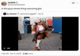 BenJammins Colonizing / White-Washing GIFs Tweet featuring a GIF of streamer BenJammins replacing "Druski Dancing":https://knowyourmeme.com/memes/druski-dancing with himself, prompting @4QUONKSSAKE to write, "is this guys whole thing colonizing gifs."