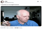 A "GIF Caption":https://knowyourmeme.com/memes/gif-captions from "Twitter / X":https://knowyourmeme.com/memes/sites/twitter-x of the old bald man smoking a c-------- in a blue shirt and shaking his head.