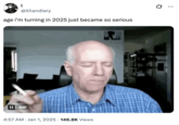 A "GIF Caption":https://knowyourmeme.com/memes/gif-captions from Tumblr of the old bald man smoking a c-------- in a blue shirt and shaking his head.