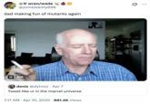 A "GIF Caption":https://knowyourmeme.com/memes/gif-captions from Tumblr of the old bald man smoking a c-------- in a blue shirt and shaking his head.