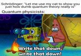 Schrödinger: "Let me use my cat to show you just how dumb quantum theory really is" Quantum physicists: Write that down, write that down!