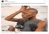A meme that features a GIF of Cynthia Erivo tapping her bald head alongside the phrase "the concept of." This tweet reads, "the concept of hating them for what they did to you but missing them like a little kid."