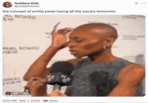 A meme featuring a GIF of "_Wicked_":https://knowyourmeme.com/memes/subcultures/wicked-2024-film star "Cynthia Erivo":https://knowyourmeme.com/search?context=&sort=&q=cynthia+erivo giving an interview and tapping her head with her long nails while she thinks about a question. This tweet reads, "the concept of emilia perez losing all the oscars tomorrow."