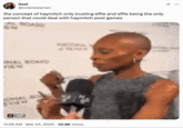 A meme featuring a GIF of "_Wicked_":https://knowyourmeme.com/memes/subcultures/wicked-2024-film star "Cynthia Erivo":https://knowyourmeme.com/search?context=&sort=&q=cynthia+erivo giving an interview and tapping her head with her long nails while she thinks about a question. This tweet reads, "the concept of haymitch only trusting effie and effie being the only person that could deal with haymitch post games."
