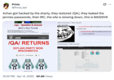 One of several tweets by internet users discussing a Soyjak.Party led 4chan hack that resulted in to /qa/ board being restored and the emails of several janitors (moderators) being leaked in April 2025. 