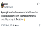 One of several tweets by internet users discussing a Soyjak.Party led 4chan hack that resulted in to /qa/ board being restored and the emails of several janitors (moderators) being leaked in April 2025. 