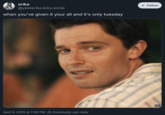 A post on Bluesky featuring Hollywood actor Patrick Schwarzenegger looking back with a pained expression on his face. The image comes from the third season of the show _The White Lotus_.