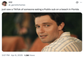 A meme featuring Hollywood actor Patrick Schwarzenegger looking back with a pained expression on his face. The image comes from the third season of the show _The White Lotus_. The tweet reads, "just saw a TikTok of someone eating a Publix sub on a beach in Florida."
