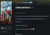 MINECRAFT MOVIE Review by eddyburback PATRON A Minecraft Movie 2025 Trailer Not streaming. Watched 09 Apr 2025 ever since I was a boy I have wondered what it would be like if you combined old jumanji with new jumanji and a mr beast video that boy is a man now today he stops wondering ♥✰✰ 2,964 likes