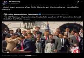 JD Vance @JDVance Q I didn't want anyone after Ohio State to get the trophy so I decided to break it Philip Melanchthon Wegmann @PhilipWegmann - Apr 14 The CFP National Championship Trophy falls apart as VP JD Vance tries to hold it aloft at the White House. 0:11 4:22 PM - Apr 14, 2025 9.8M Views TRU ...