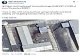 A post featuring a close-up satellite image of a stained yard within El Salvador's CECOT facility. In April 2025, several internet users questioned whether human rights violations were taking place at the detention facility, citing the Google satellite image as evidence. This tweet by @SethAbramson reads, "(📢) I just confirmed myself this satellite image (1:48PM ET 4/11/25) of one of the yards at CECOT."