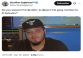 Do you support the decision to deport this gang member to El Salvador? A "tweet":https://knowyourmeme.com/memes/sites/twitter-x of Kilmar Armando Abrego Garcia wearing a black Chicago Bulls hat.
