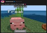 A screenshot of a Threads post reading, "Guys should I unleash the Freak👀👅." Attached is a screenshot of a Minecraft pig named Freak and the "unleash" command.