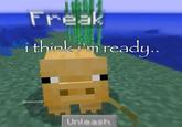 A screenshot of a Minecraft pig named Freak on a lead. The "Unleash" command is shown underneath the pig. The image is edited to read "I think I'm ready," suggesting they're ready to unleash their freak.