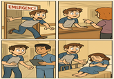 4 panel comic of the following.

Upper left panel: A a young man, who appears to be in a hurry or alarmed. He is seen pushing open a door labeled 'EMERGENCY'. The character is wearing a gray t-shirt with blue sleeves, blue pants, and brown shoes. His facial expression indicates surprise or concern.

Upper right panel: An indoor setting, possibly a clinic or office, with a long counter or desk. On the left side of the counter, there's the same young male character with brown hair, wearing a gray t-shirt with blue sleeves, looking surprised or concerned. On the right side, there's another character, a female facing away from viewer, with curly orangebrown hair, wearing a purple shirt. She's pointing towards her wrist, which has a watch. The background is blurred, but it seems to be a corridor or hallway with doors.

Lower left panel: Two animated characters in a hospital  corridor. On the left is the same young male with brown hair, wearing a gray t-shirt with blue sleeves, and blue pants, looking concerned or anxious. On the right is a male doctor with black hair, dressed in a light blue medical scrub, holding a clipboard. He appears to be in the middle of explaining or consulting with the young man. The background is blurred, emphasizing the characters in the foreground.

Lower right panel: A room with beige walls. In the room, there's the same young male character with brown hair, wearing a gray t-shirt with blue sleeves, standing and gesturing with his hands. He appears to be in a state of surprise or concern. Beside him, on a bed, lies a young female character with brown hair, wearing a blue nightgown. She appears to be grieving and crying while clutching onto herself while laying. The bed has metal railings.