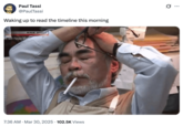 A meme featuring Studio Ghibli co-founder and animator Hayao Miyazaki. The image shows him looking stressed with a c-------- in his mouth and his eyes closed. This tweet by @PaulTassi reads, "Waking up to read the timeline this morning."