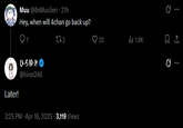 Muu @0xMuulien - 21h Hey, when will 4chan go back up? 272 ひろゆき Later! @hirox246 3:25 PM - Apr 16, 2025 - 3,119 Views 0 20 ill 1.8K ☹ ↑ 0